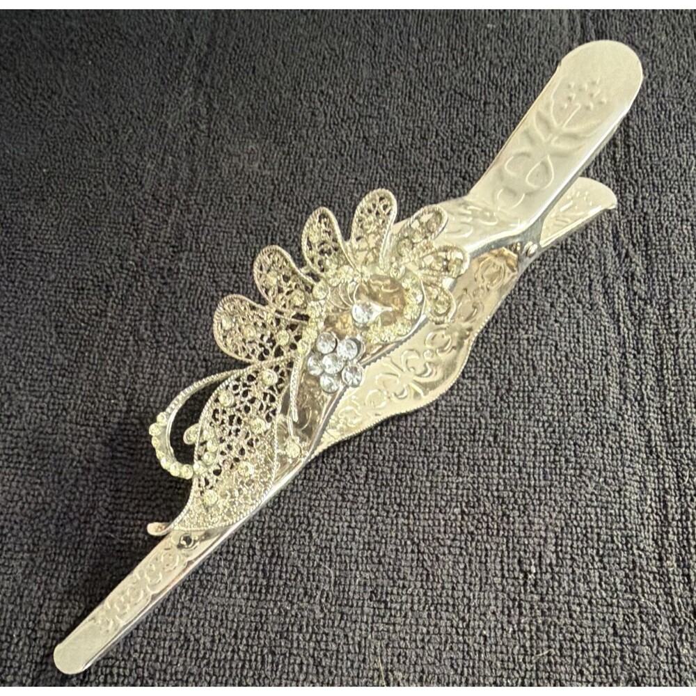 Vtg. Sugar Cube Tongs Silver Embossed Metal + Rhinestones